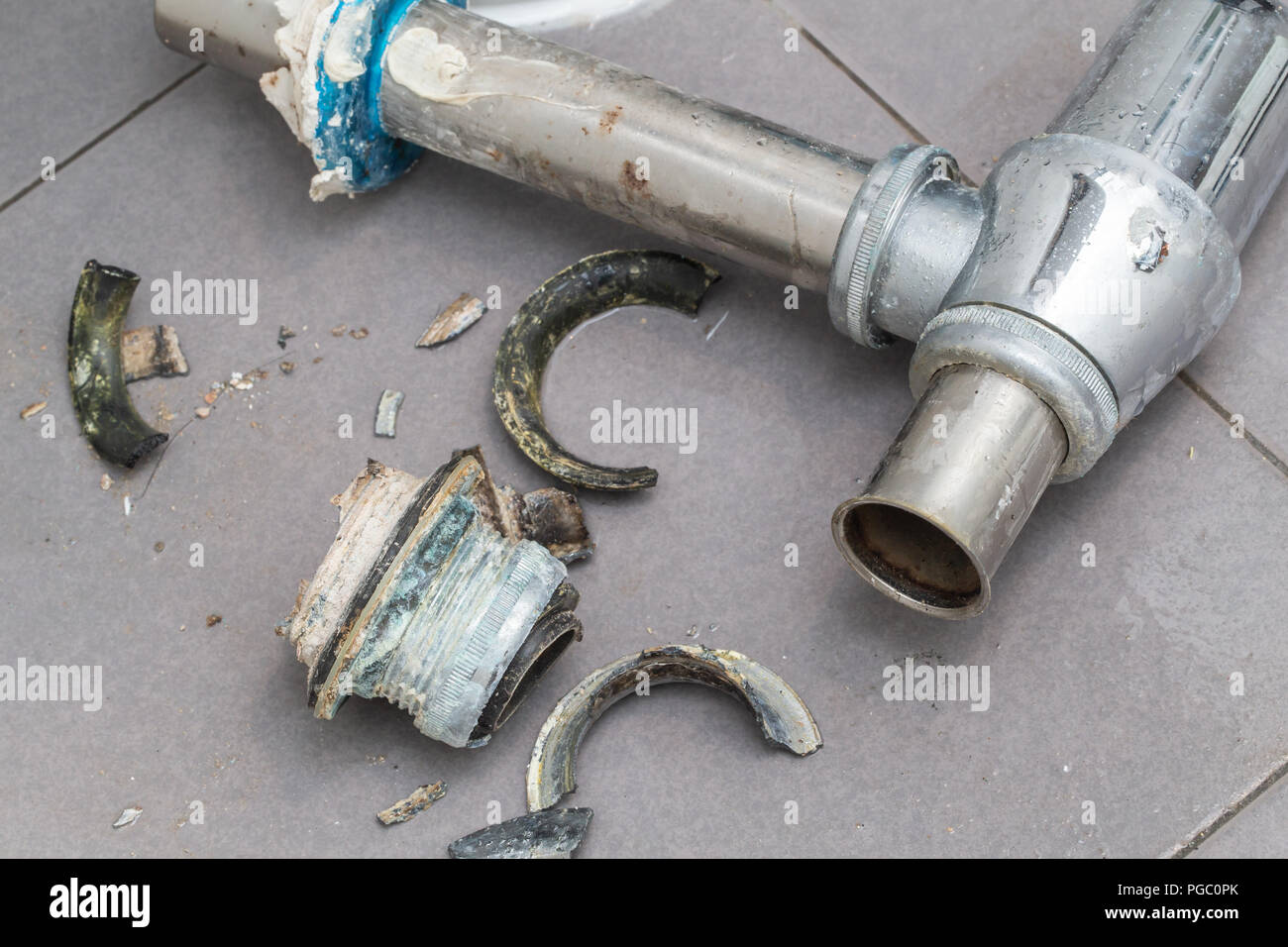 corrosion in piping, broken pipe from water mineral erosion Stock Photo