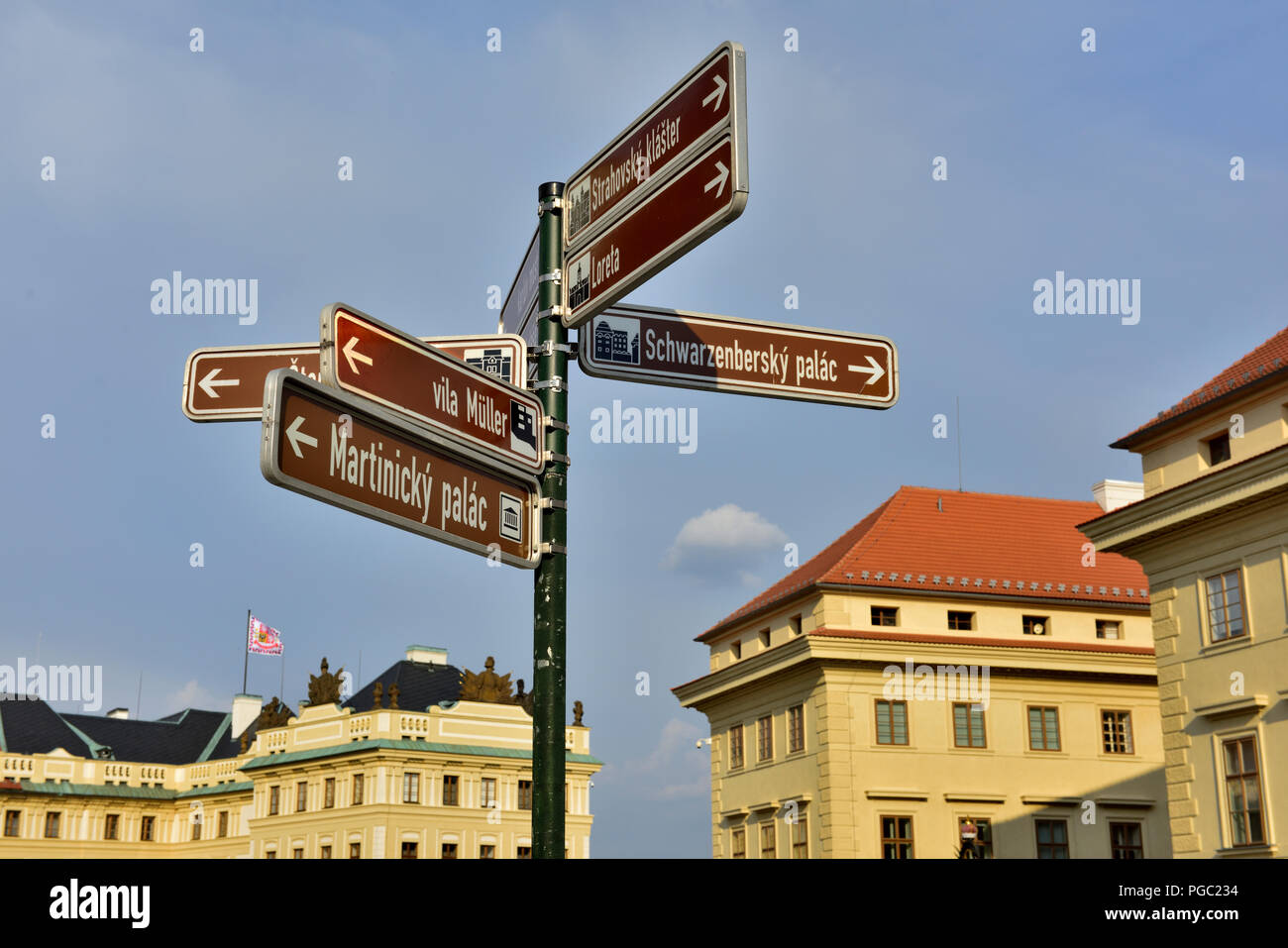 Sightseeing direction sign to points of interest Prague, Czech Republic Stock Photo