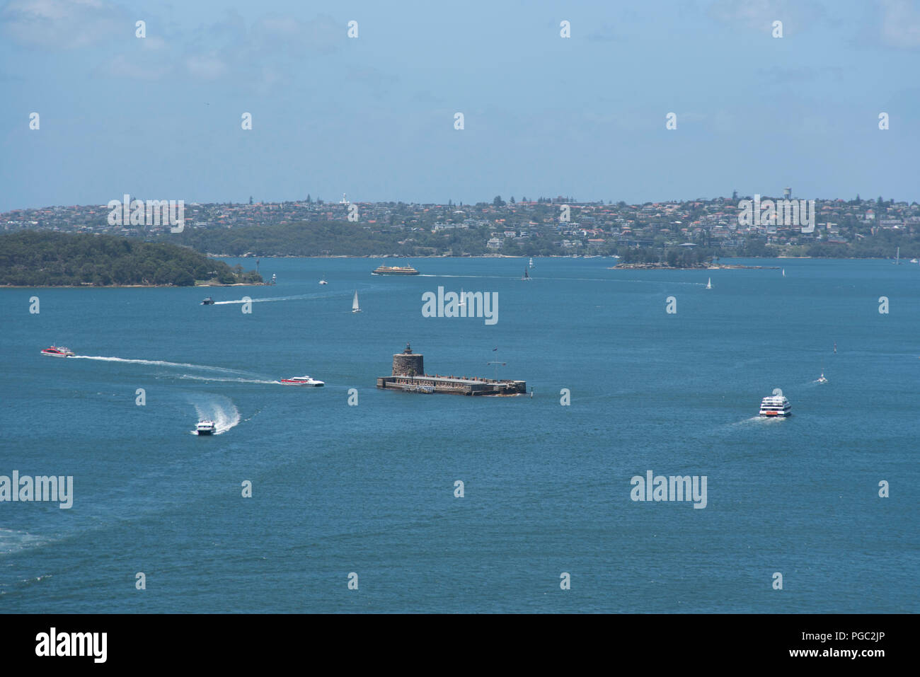 View from Sydney Harbour Bridge Pylon lookout, looking towards Fort Denison, Pinchgut Island, Australia Stock Photo