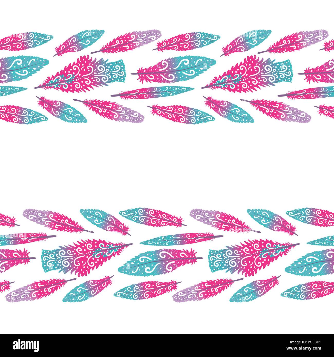 Vector Background with stripes of bright hand drawn feathers isolated
