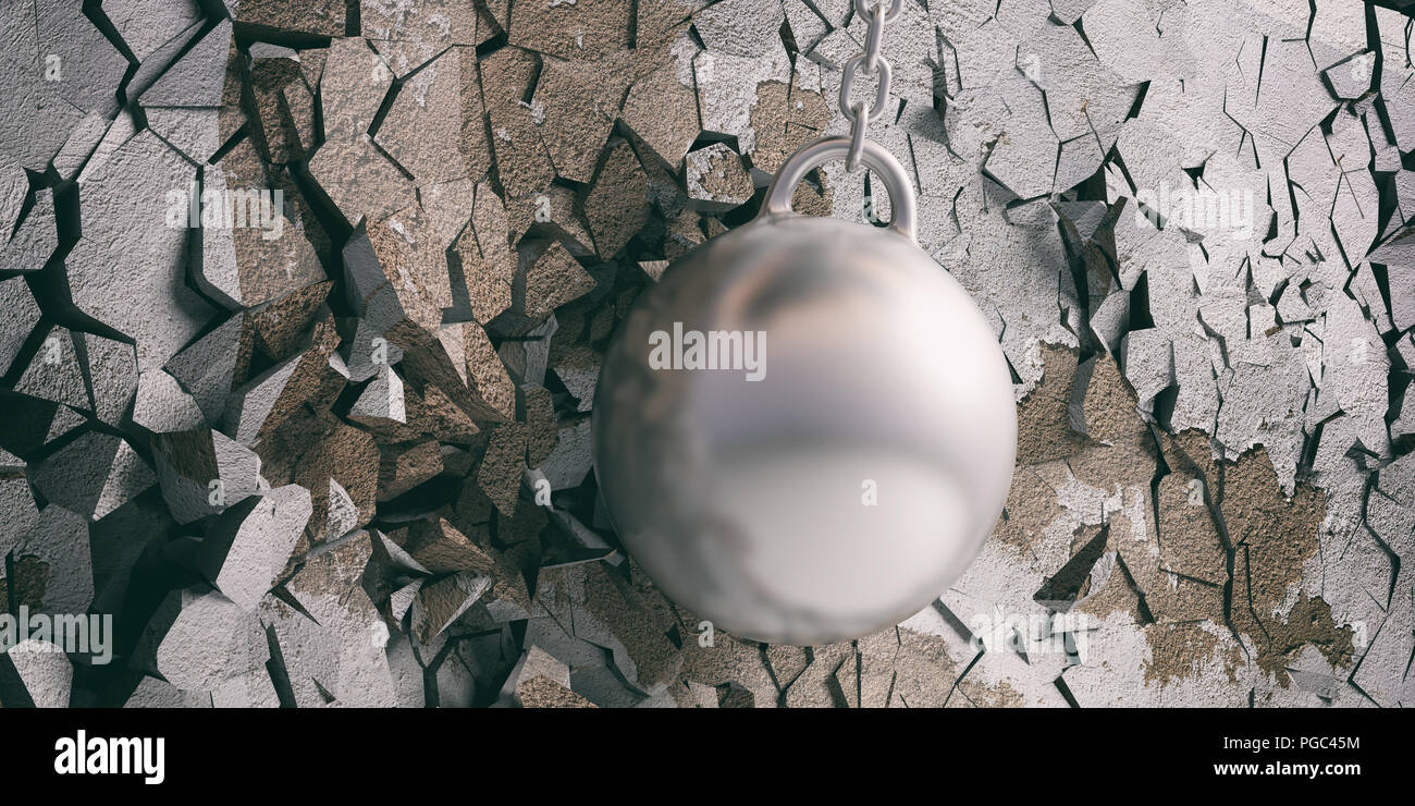 Freedom concept. Wrecking ball hitting and breaking a silver painted wall. 3d illustration Stock Photo