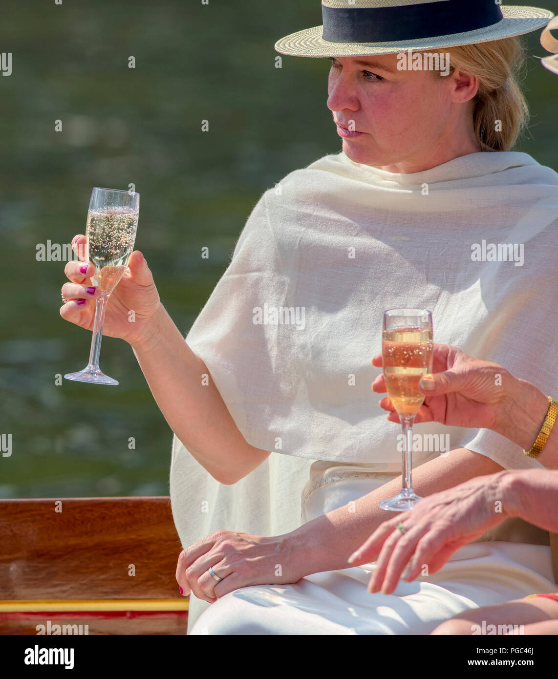 Henley on Thames, ENGLAND, 06/07/2013, Henley Royal Regatta, Straw Boater, two Glasses of Champagne, © Peter SPURRIER, Stock Photo