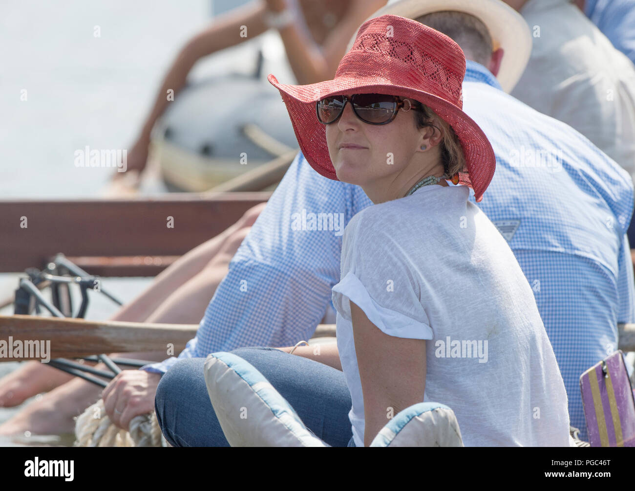 Henley on Thames, ENGLAND, 01/07/2015,  Henley Royal Regatta, Spectator wearing, a Red Hat, © Peter SPURRIER Stock Photo