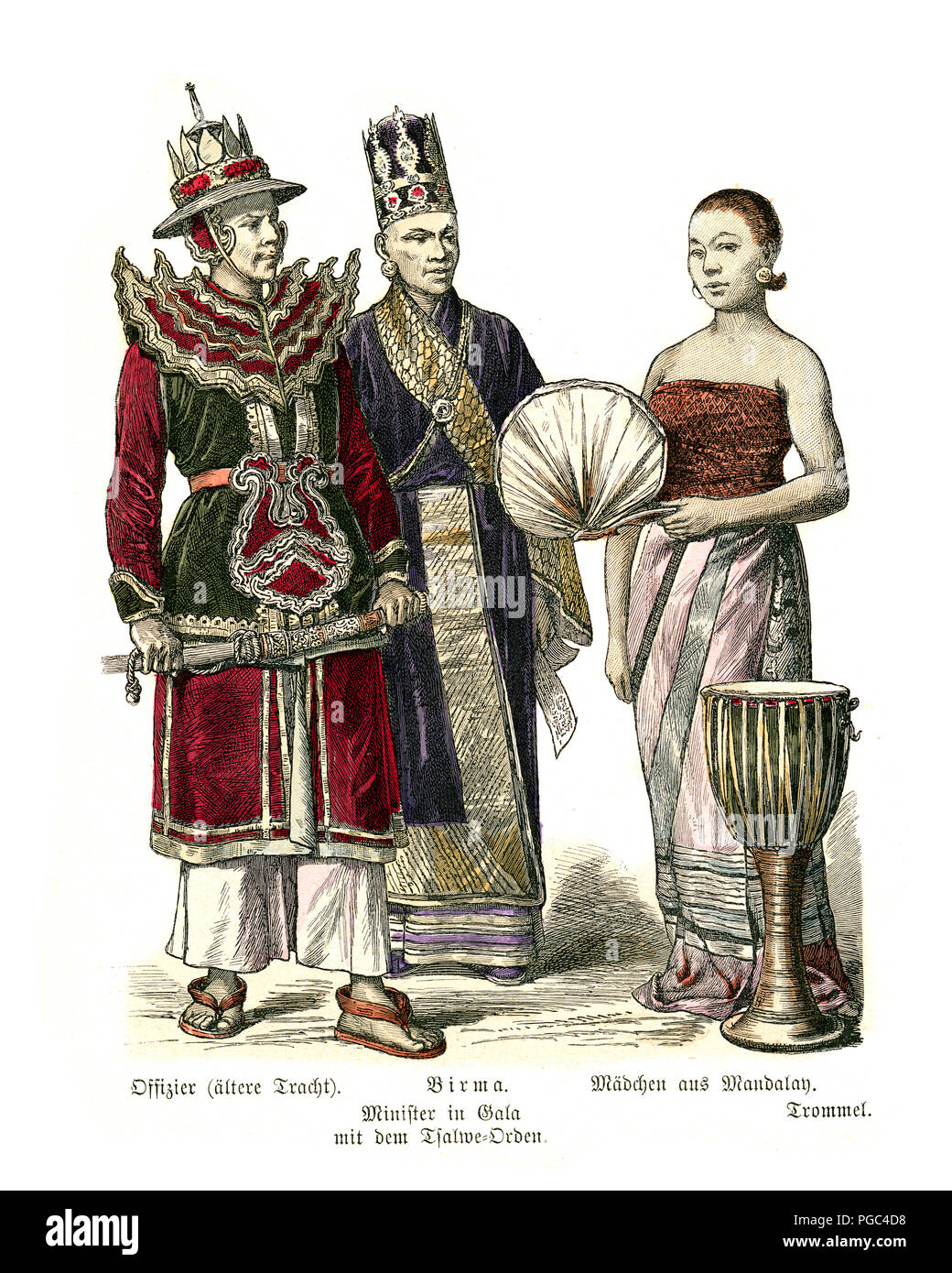 Costumes of Asia, Fashion od Burma 19th Century.  Officer soldier, Minister of Gala and Woman of Mandalay Stock Photo