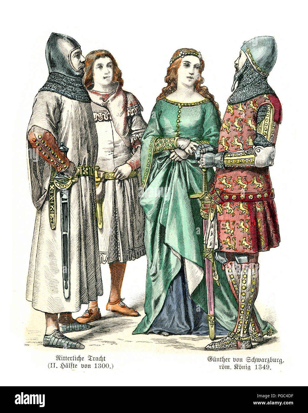 Fashions of Medieval Germany, Knights and Ladies, 14th Century. Gunther von Schwarzburg (1304 – 14 June 1349), King of Germany Stock Photo