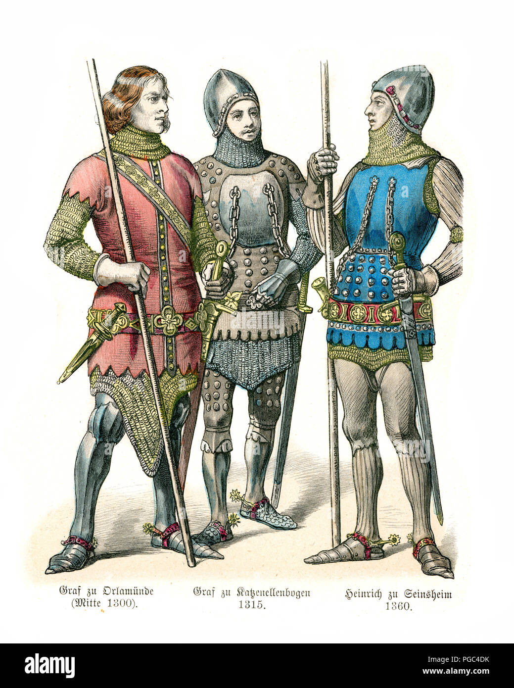 Fashions of Medieval Germany, Knights early 14th Century. Count Orlamunde, Count Katzenellenbogen, Heinrich zu Seinsheim Stock Photo
