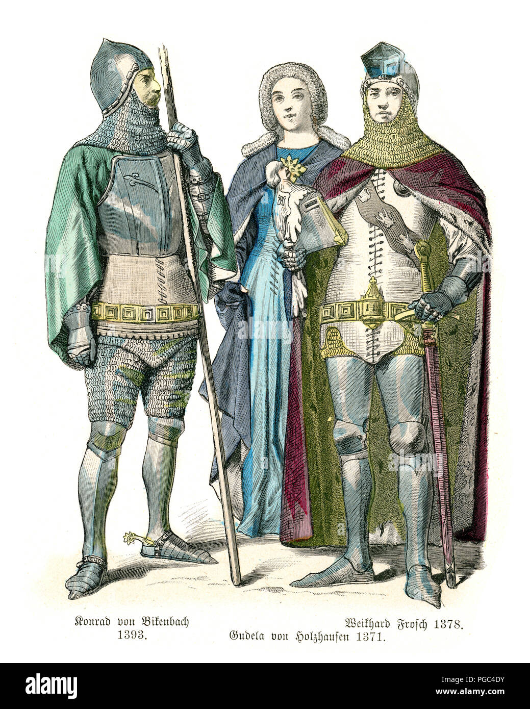 Fashions of Medieval Germany, Knights and Lady, 14th Century. Conrad von Rikenbach, Gudela von Holzhausen and Weikhard Frosch Stock Photo