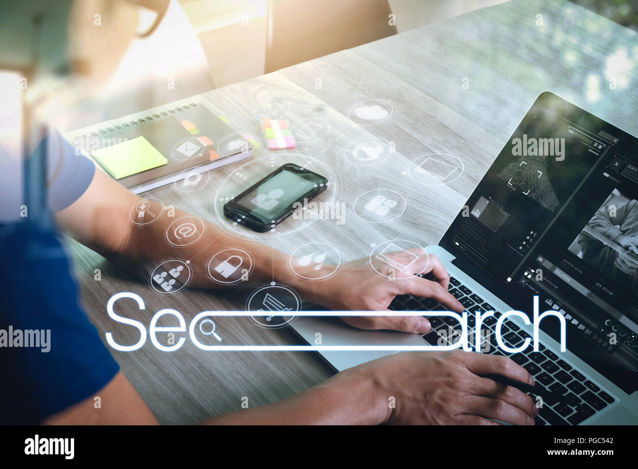 Searching Browsing Internet Data Information Networking Concept with blank search bar.Designer Businessman hand using smart phone,mobile payments onli Stock Photo