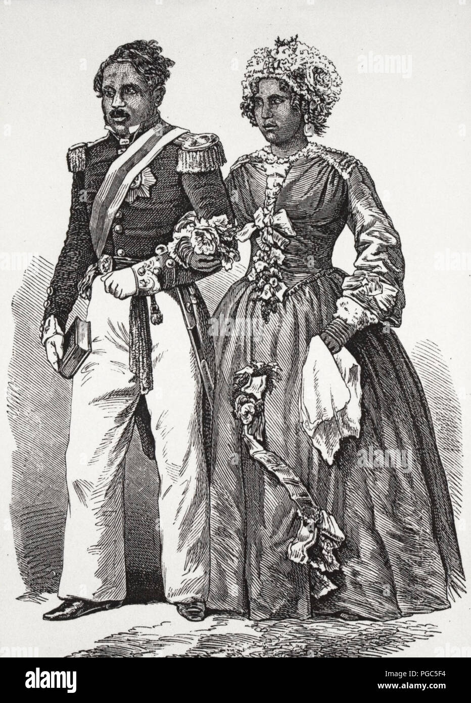 Engraving of the future King Radama II and his wife, Rabodo (future Queen Rasoherina) while they were still prince and princess by LMS missionary William Ellis. 1859 Stock Photo