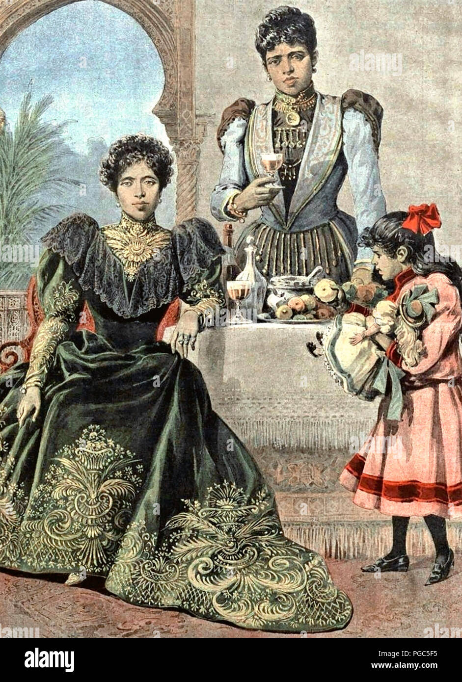 Magazine back cover of Le Petit Journal (March 19, 1899) showing Queen Ranavalona III in exile in Algiers, with her aunt Ramasindrazana and her niece Marie-Louise. The full-page colour illustration on the back cover of this issue is entitled La Reine Ranavalo Ã  Alger - 'Queen Ranavalona in Algiers'. 1899 Stock Photo