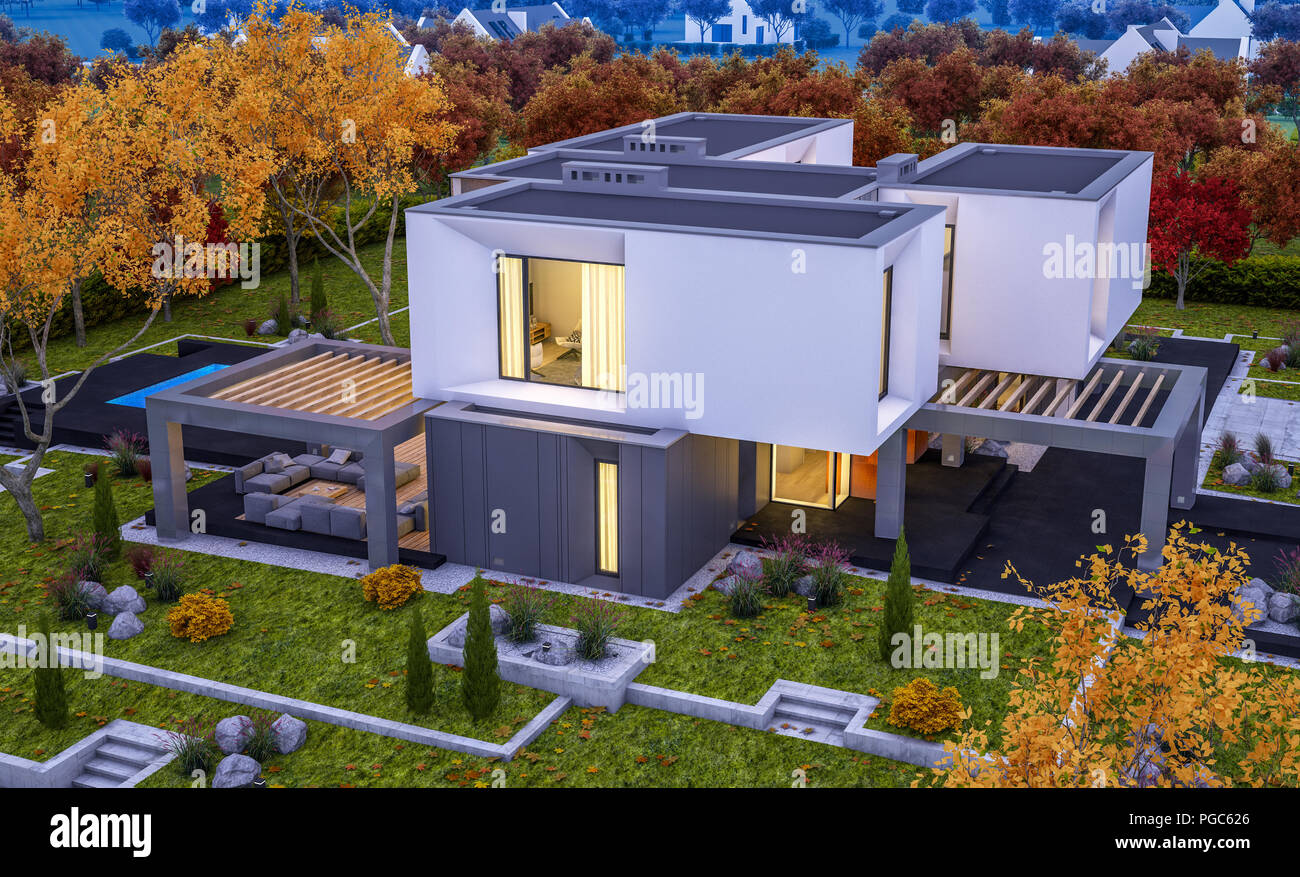 3d Rendering Of Modern Cozy House In The Garden With Garage For