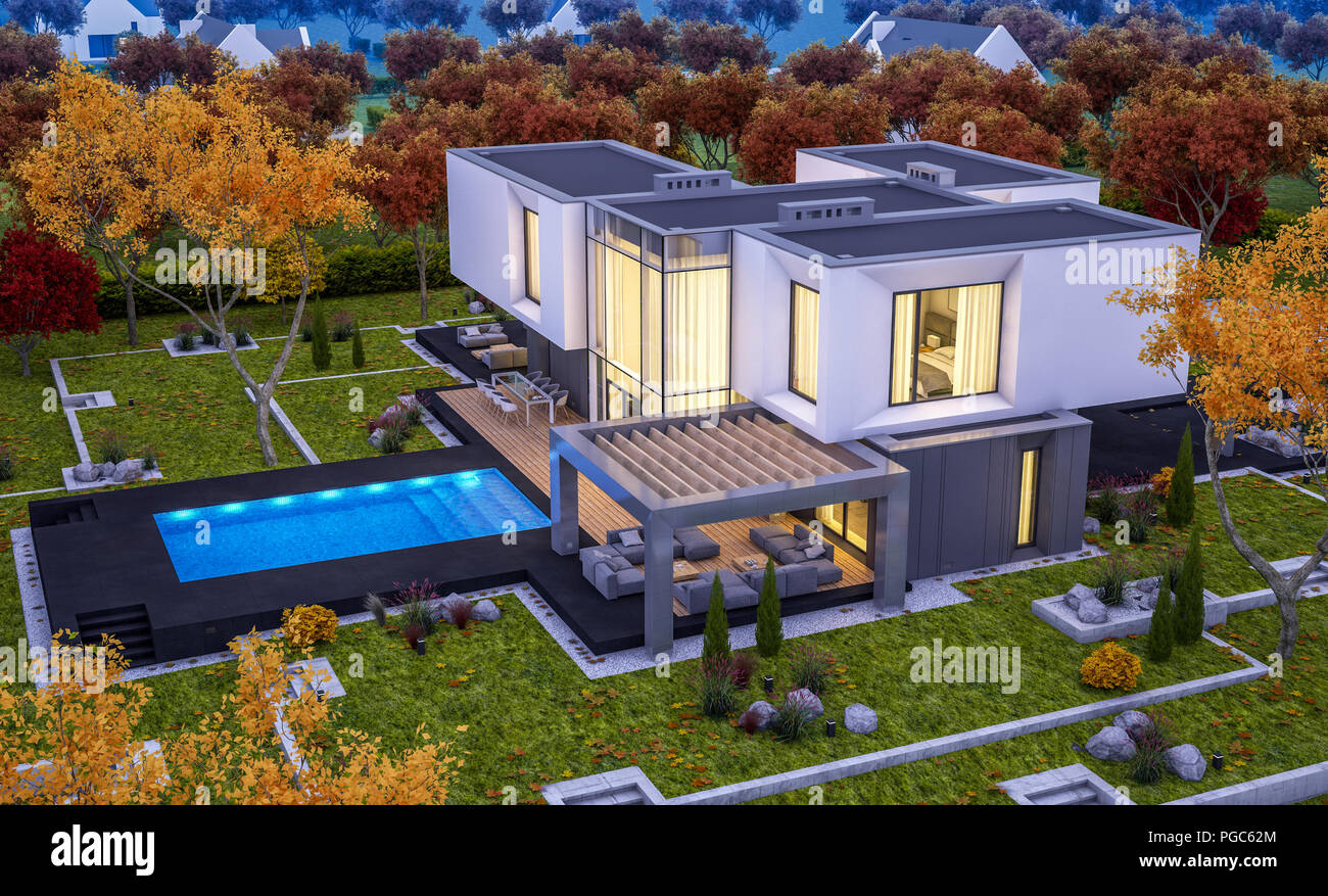 3d Rendering Of Modern Cozy House In The Garden With Garage For