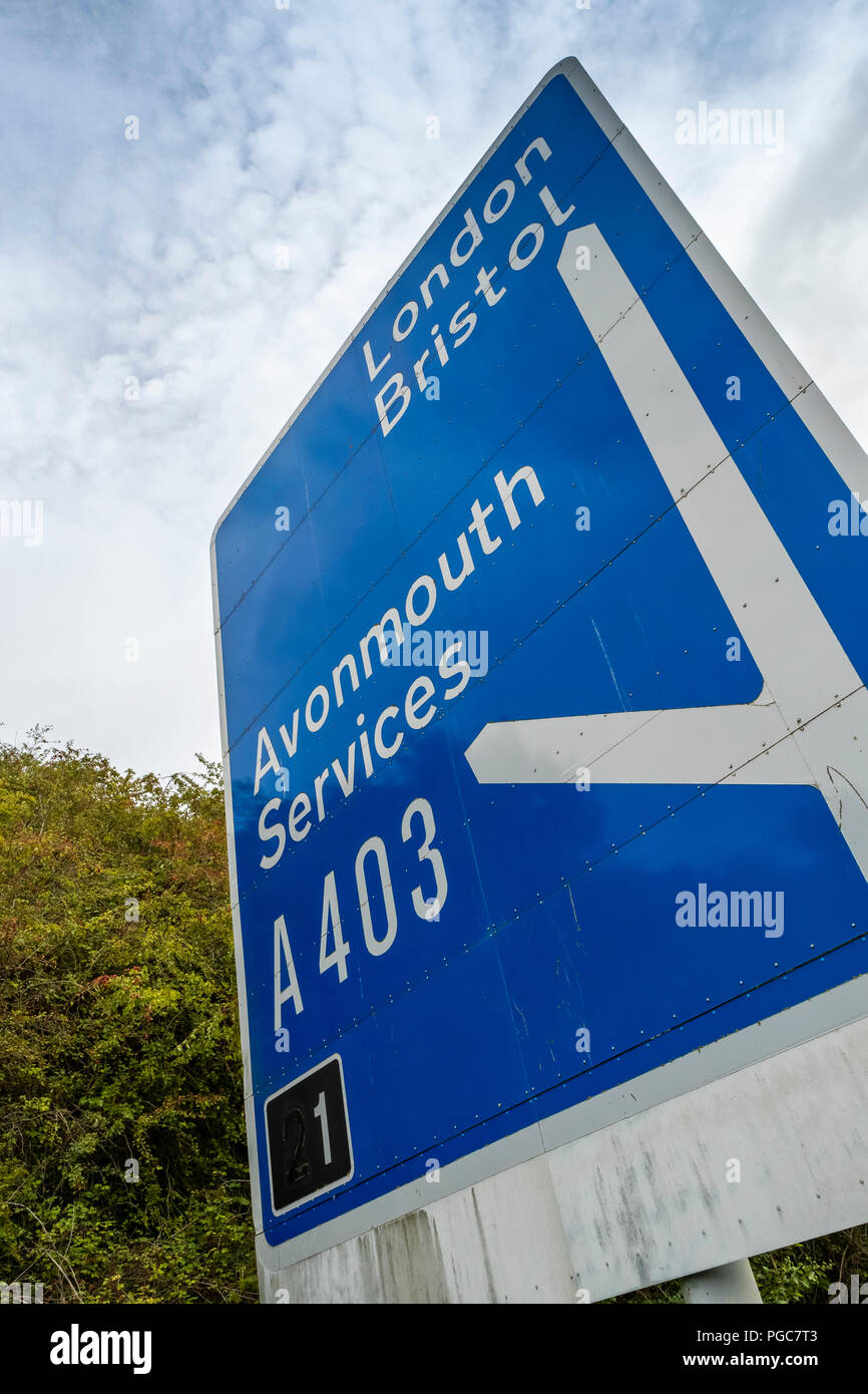 Blue motorway direction sign for Avonmouth Services, Bristol, UK Stock