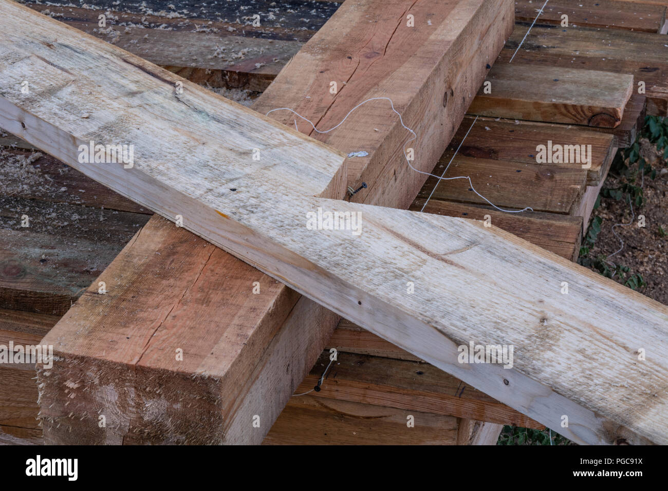 Construction details wooden supporting girder frame house Aframe type