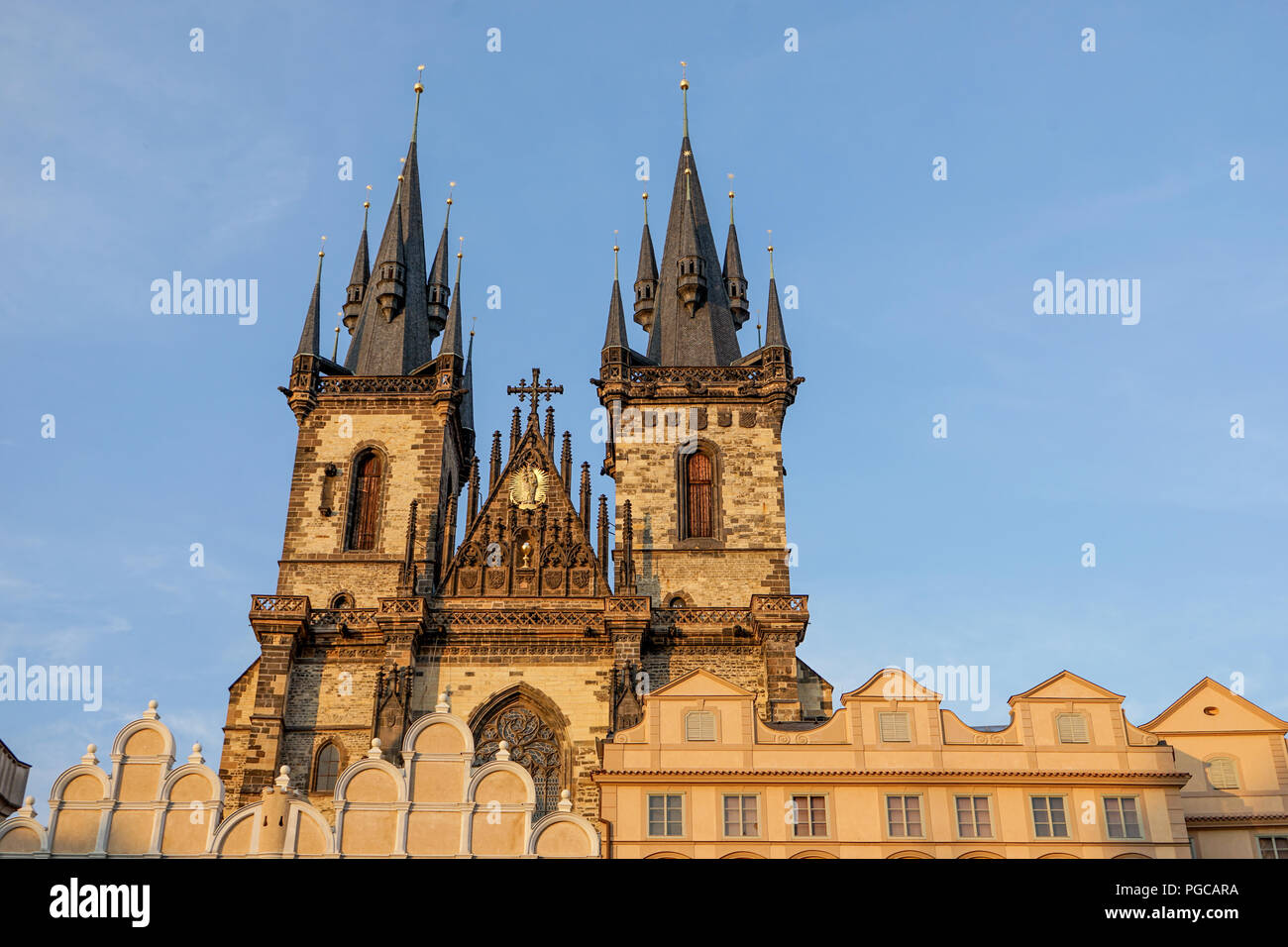 Gothic towers of the Týn church in Prague, Czech republic Stock Photo