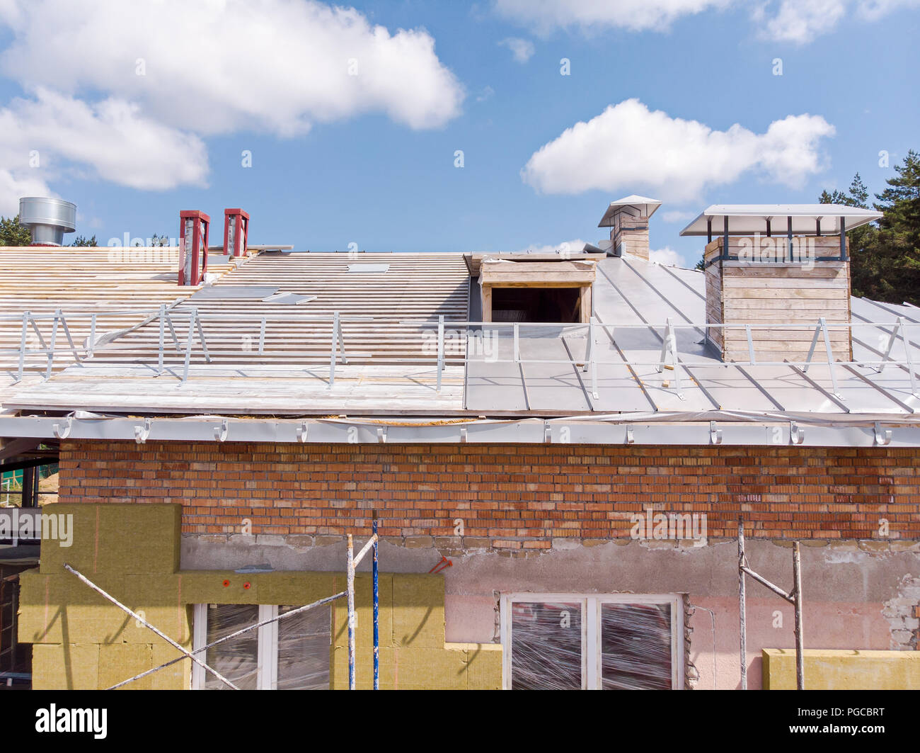 renovation of house roofing. construction site. aerial top view Stock Photo