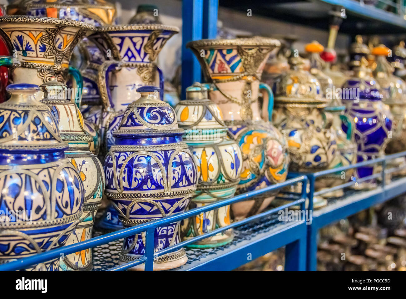 Fes, Morocco - May 11, 2013: Moroccan ceramics handicrafts on display in a pottery shop Stock Photo