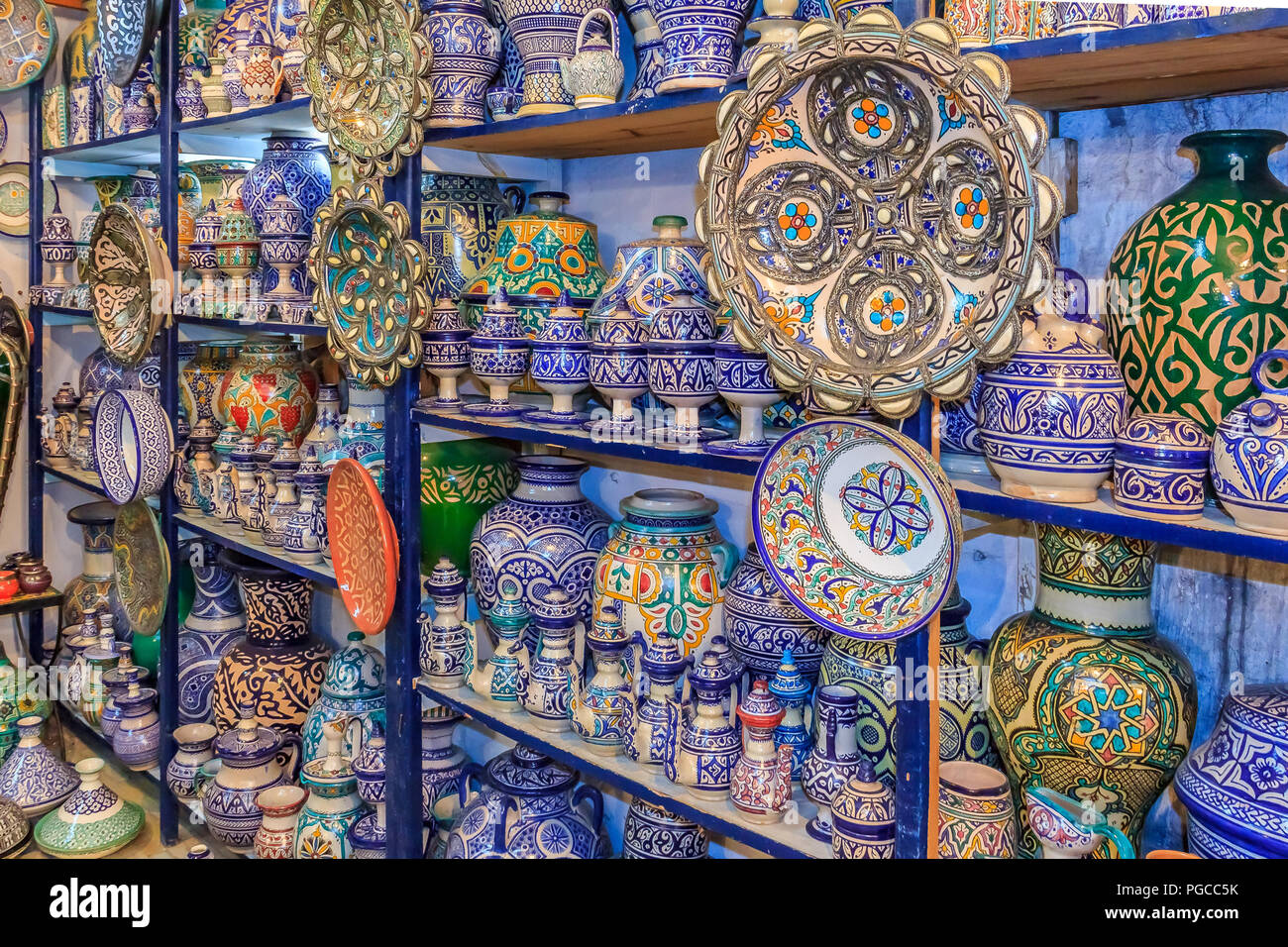 Fes, Morocco - May 11, 2013: Moroccan ceramics handicrafts on display in a pottery shop Stock Photo