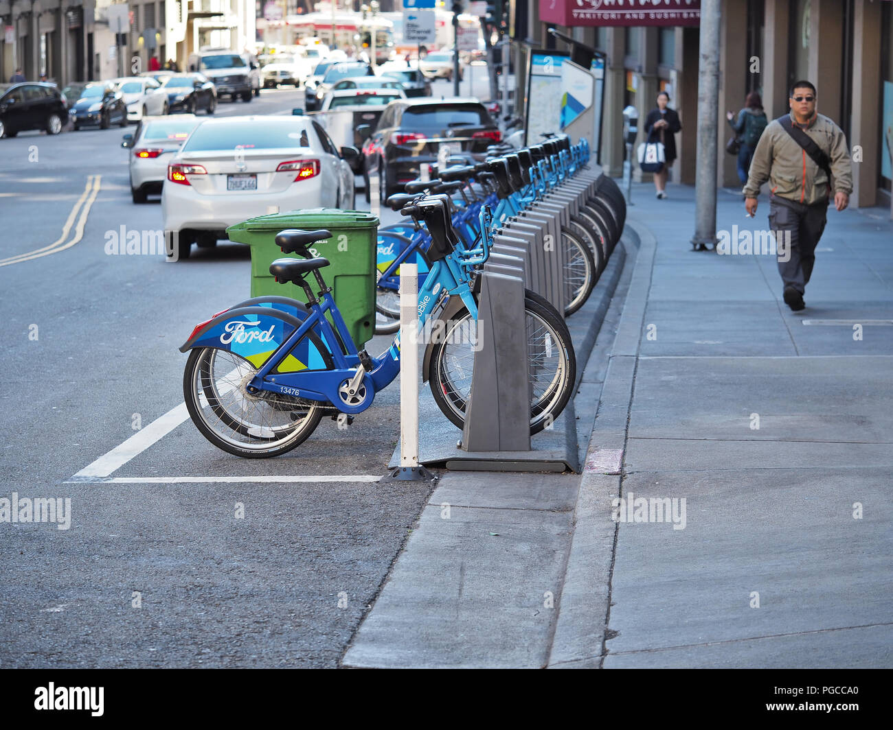 Ford rental bikes on a San Francisco street, February 2018 Stock Photo