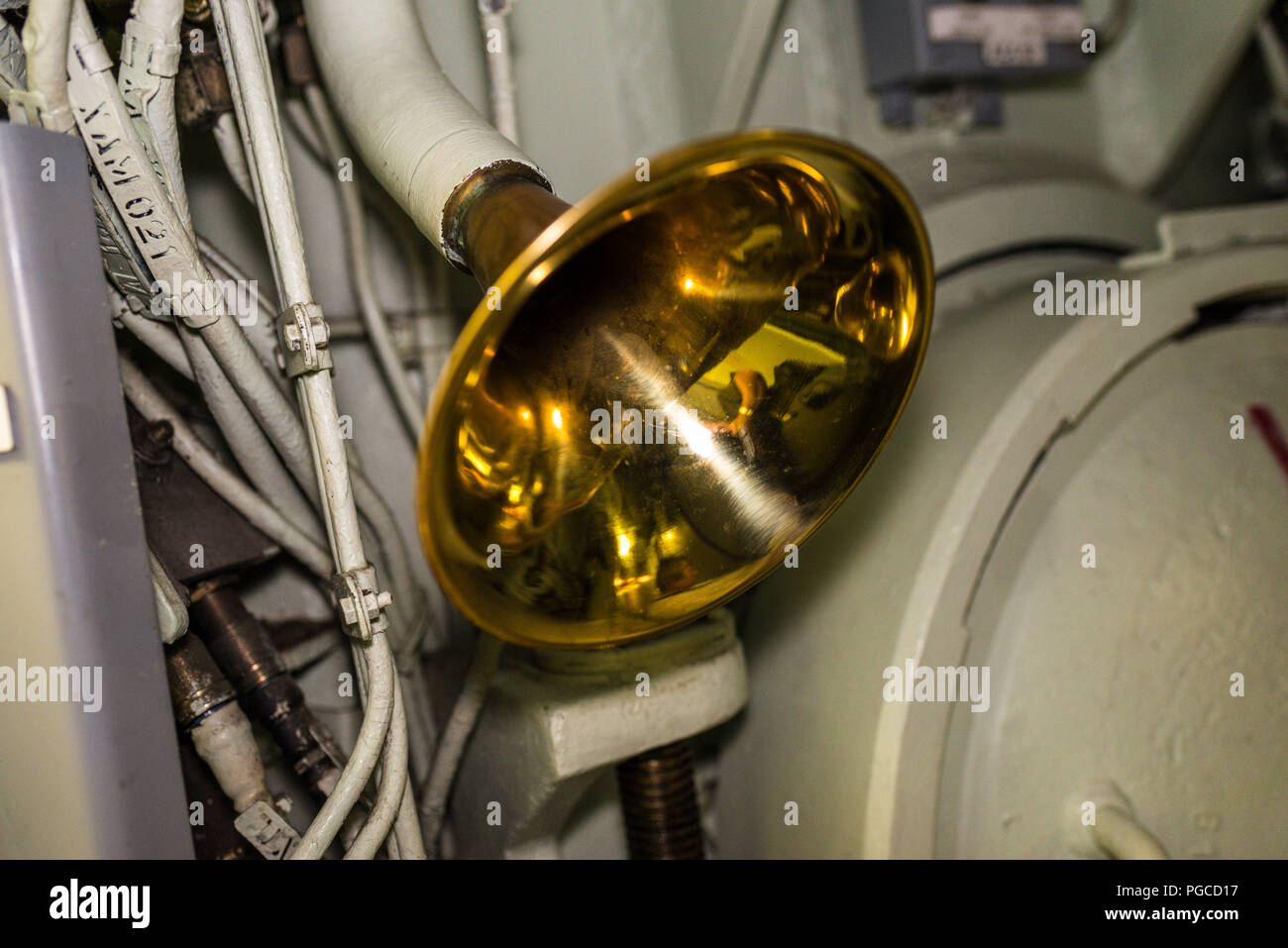 Cherbourg-Octeville, France - May 22, 2017: Detailed view of copper horn inside of the Nuclear submarine Le Redoutable of French Navy in the maritime  Stock Photo