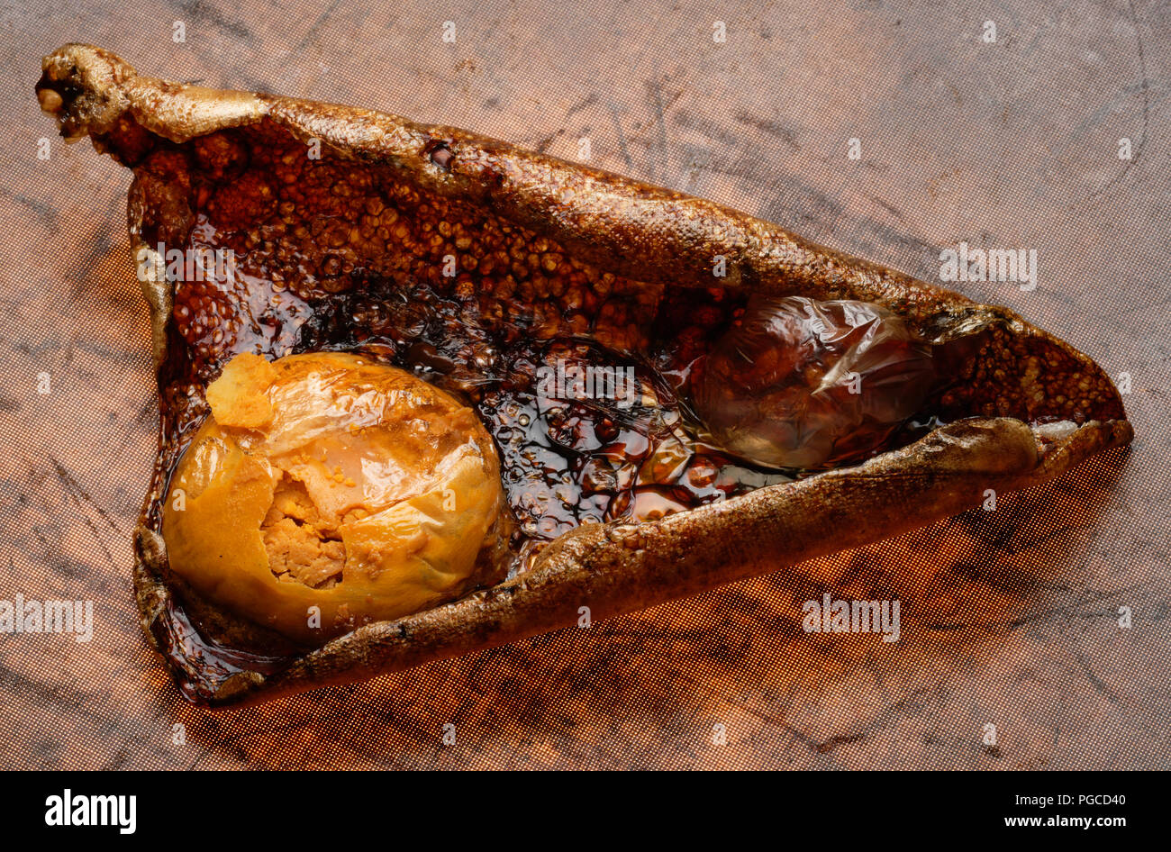 Forgotten fried egg, burnt to a crisp! Stock Photo