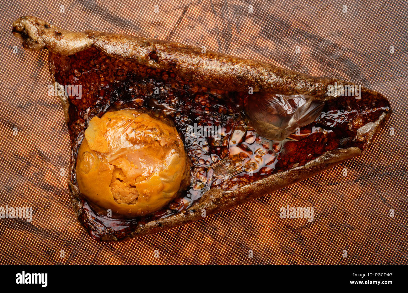 Forgotten fried egg, burnt to a crisp! Stock Photo
