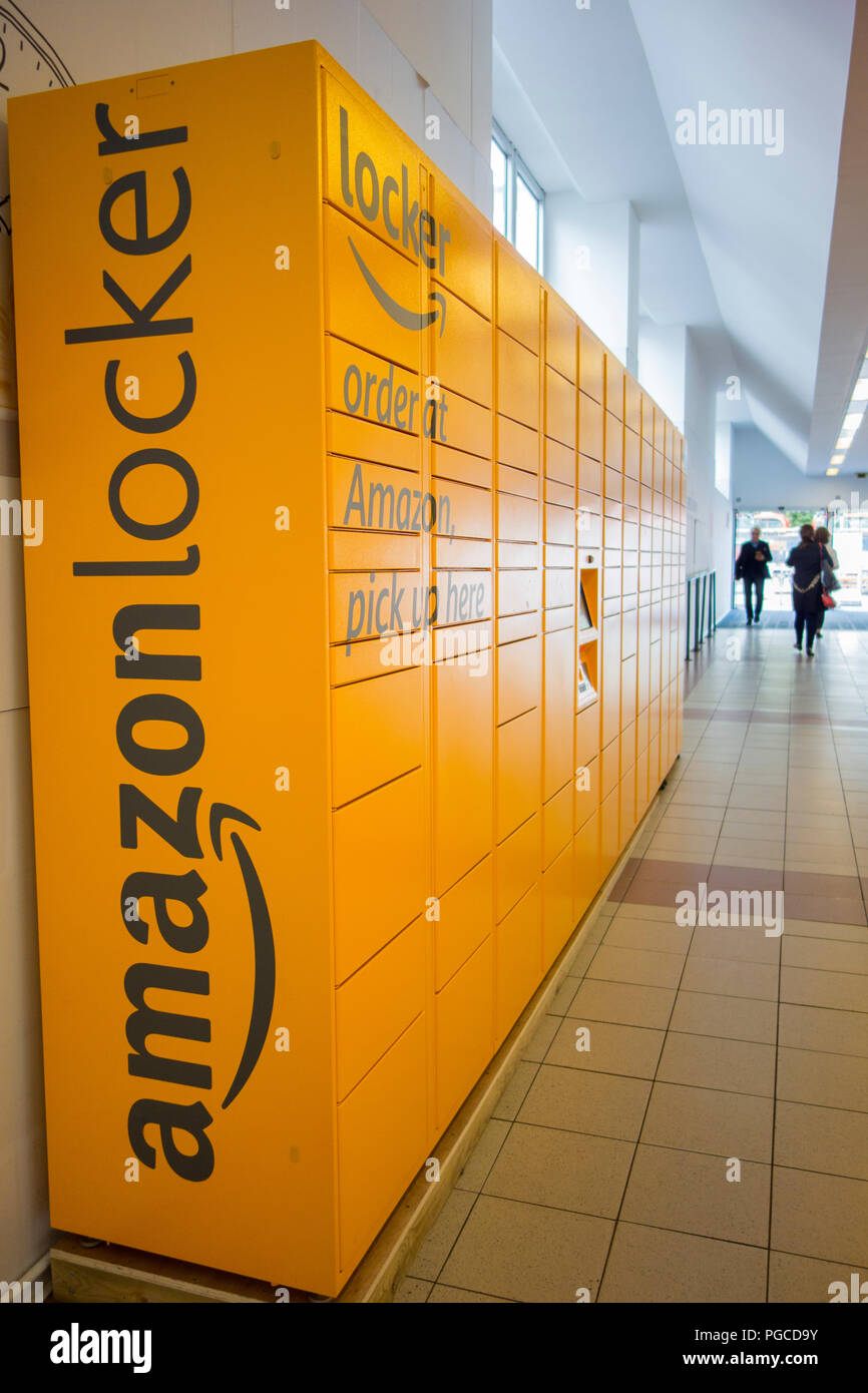 Amazon lockers located on Hammersmith Broadway shopping centre, London, England, UK Stock Photo