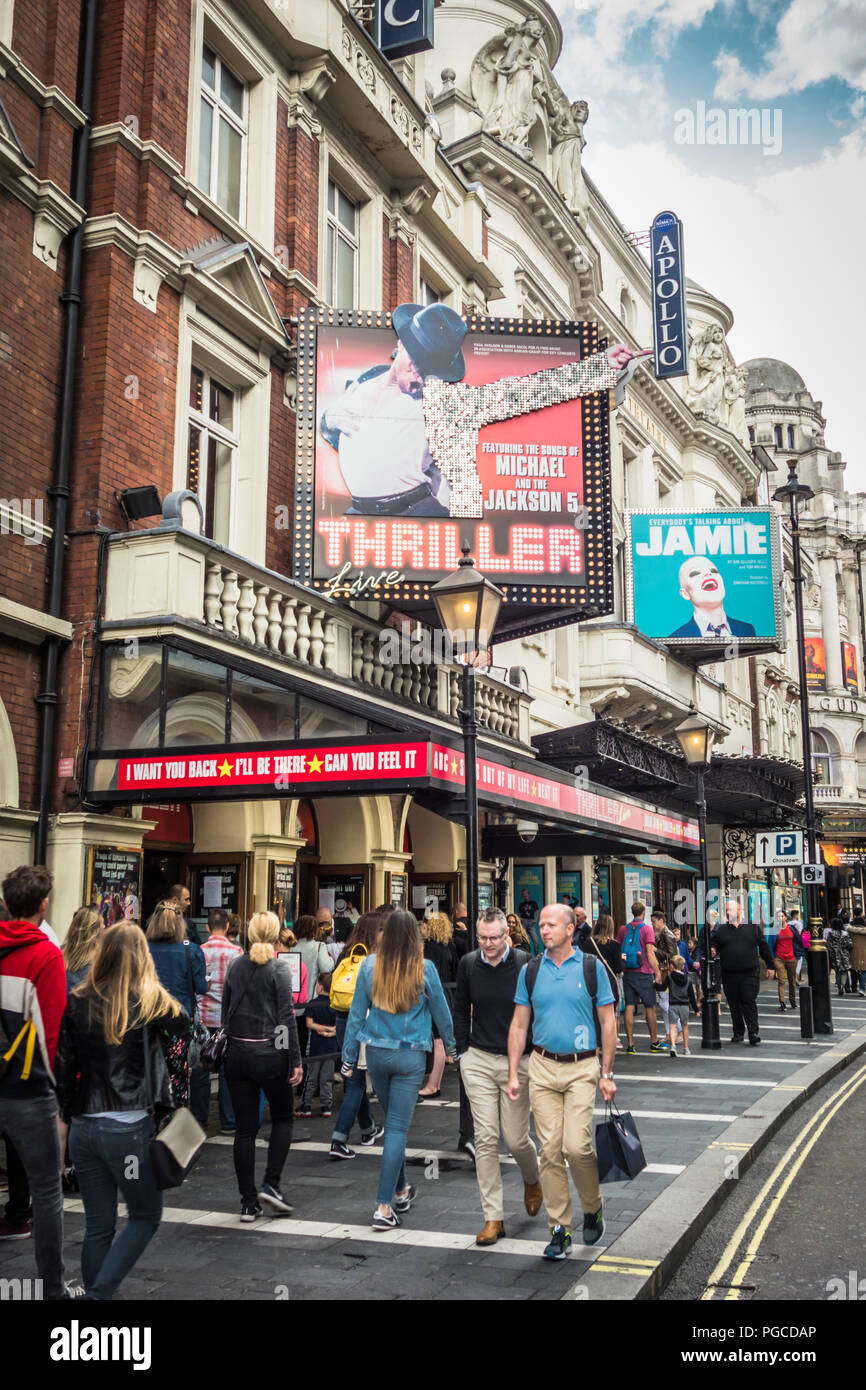 Michael Jackson's Thriller and Everybody's Talking About Jamie signage on Theatreland, Shaftesbury Avenue, London, UK Stock Photo
