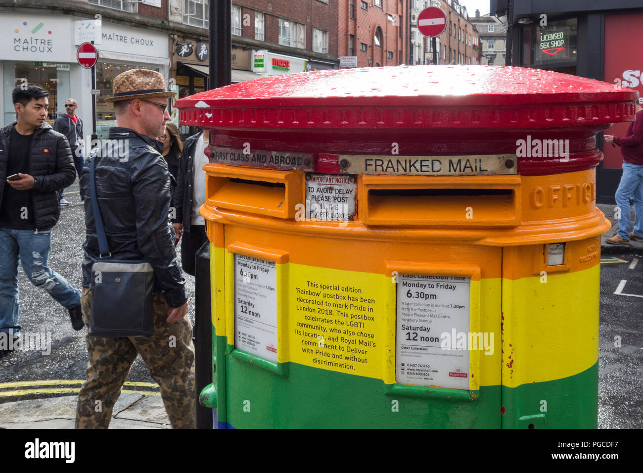 Old Compton Street Royal Mail rainbow postbox, Soho, London, UK Stock Photo