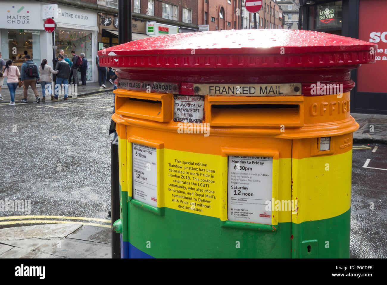 Old Compton Street Royal Mail rainbow postbox, Soho, London, UK Stock Photo