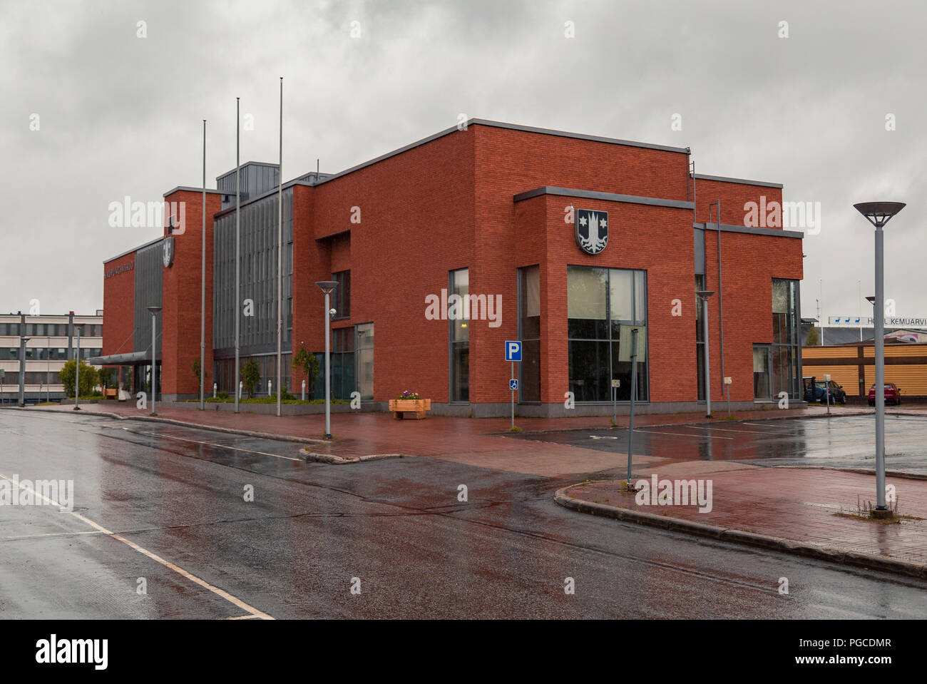 Editorial Kemijärvi Finland, city headquarters in the city on a rainy day Stock Photo