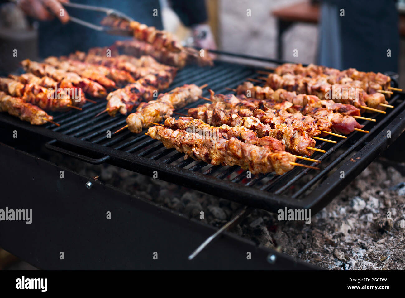 Bar-B-Q Or BBQ Or Barbecuing With Kebab Cooking, Coal Grill Of Chicken ...