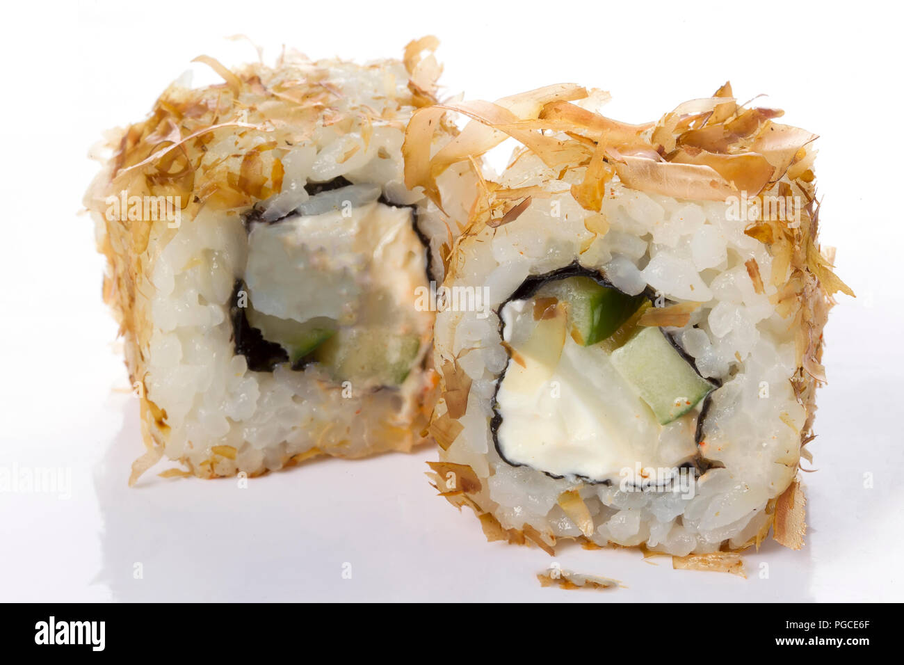 Sushi rolls japanese food isolated on white background.Menu of the Japanese  restaurant. Two sushi with vegetables Philadelphia cheese covered with fis  Stock Photo - Alamy