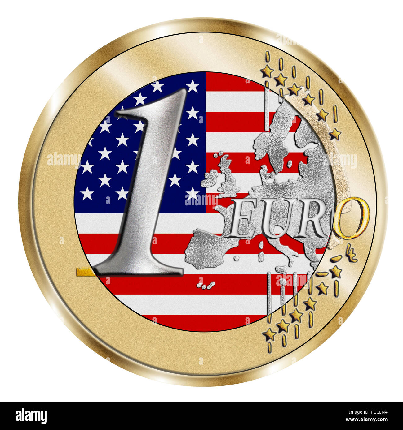 A montage of a stylised 1 Euro coin and the USA national flag. A Photoshop composite with inlaid grain emphasises the vivid silver and gold effect . Stock Photo