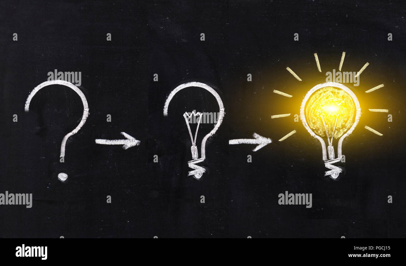 Black and white light bulb using doodle art on chalkboard background. Concept of the process of thinking Stock Photo