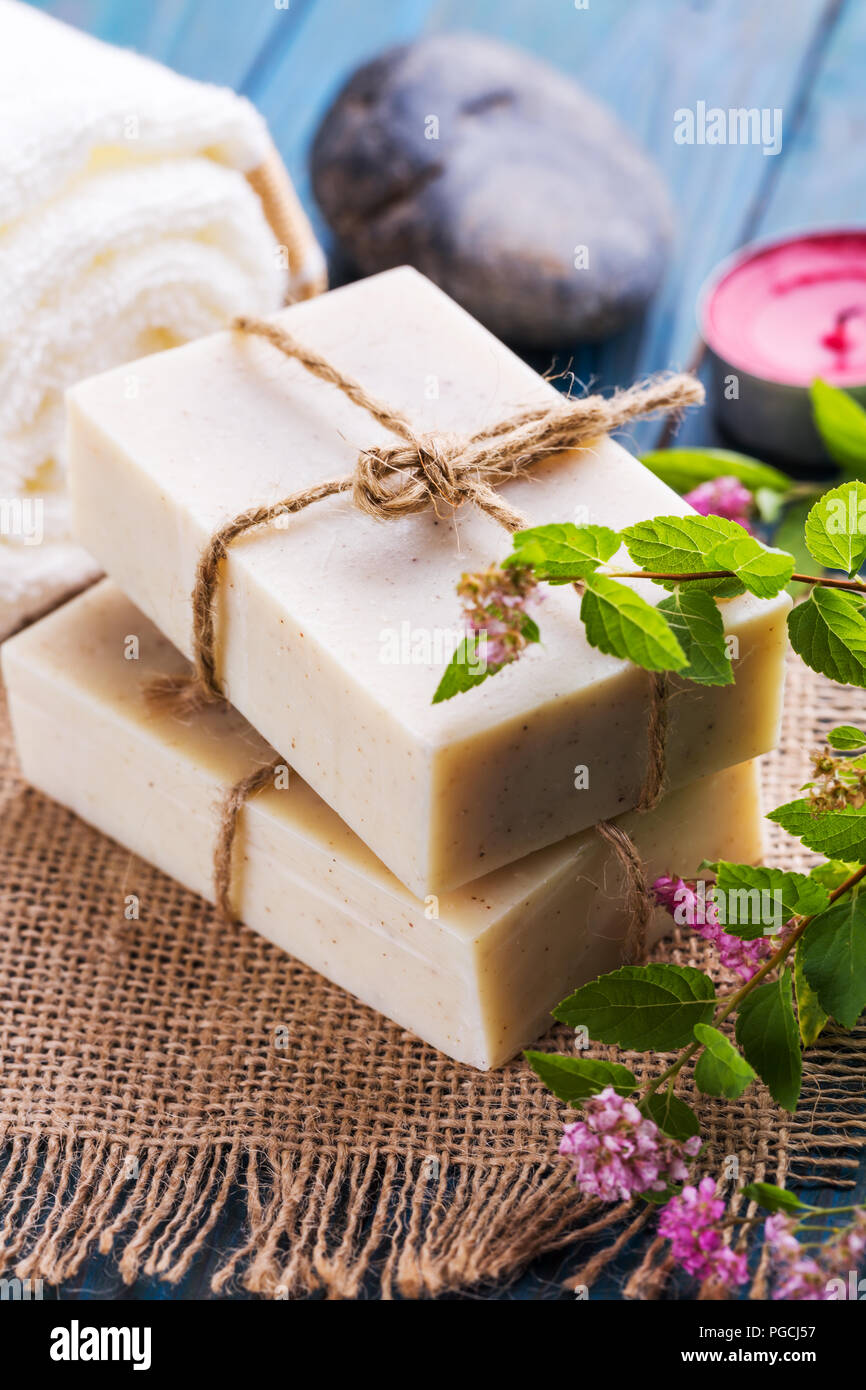 Handmade soap bars. Homemade Soap with Lavender Flowers Stock Photo Alamy