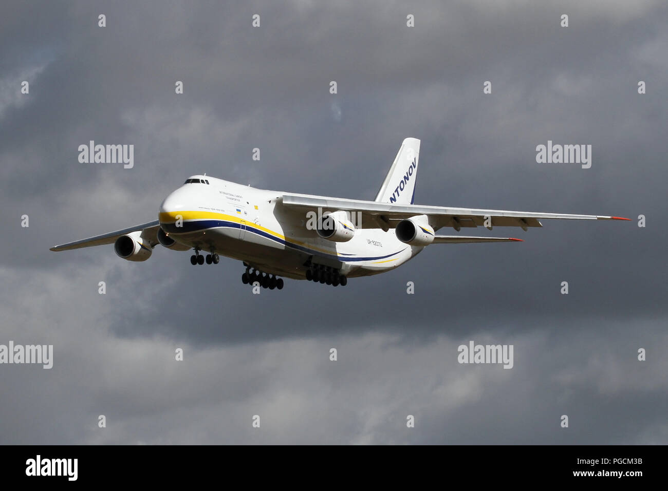 Antonov Airlines An-124 on approach into Wattisham Airfield, Suffolk. This large cargo aircraft is returning AAC Apaches helicopters from the USA. Stock Photo