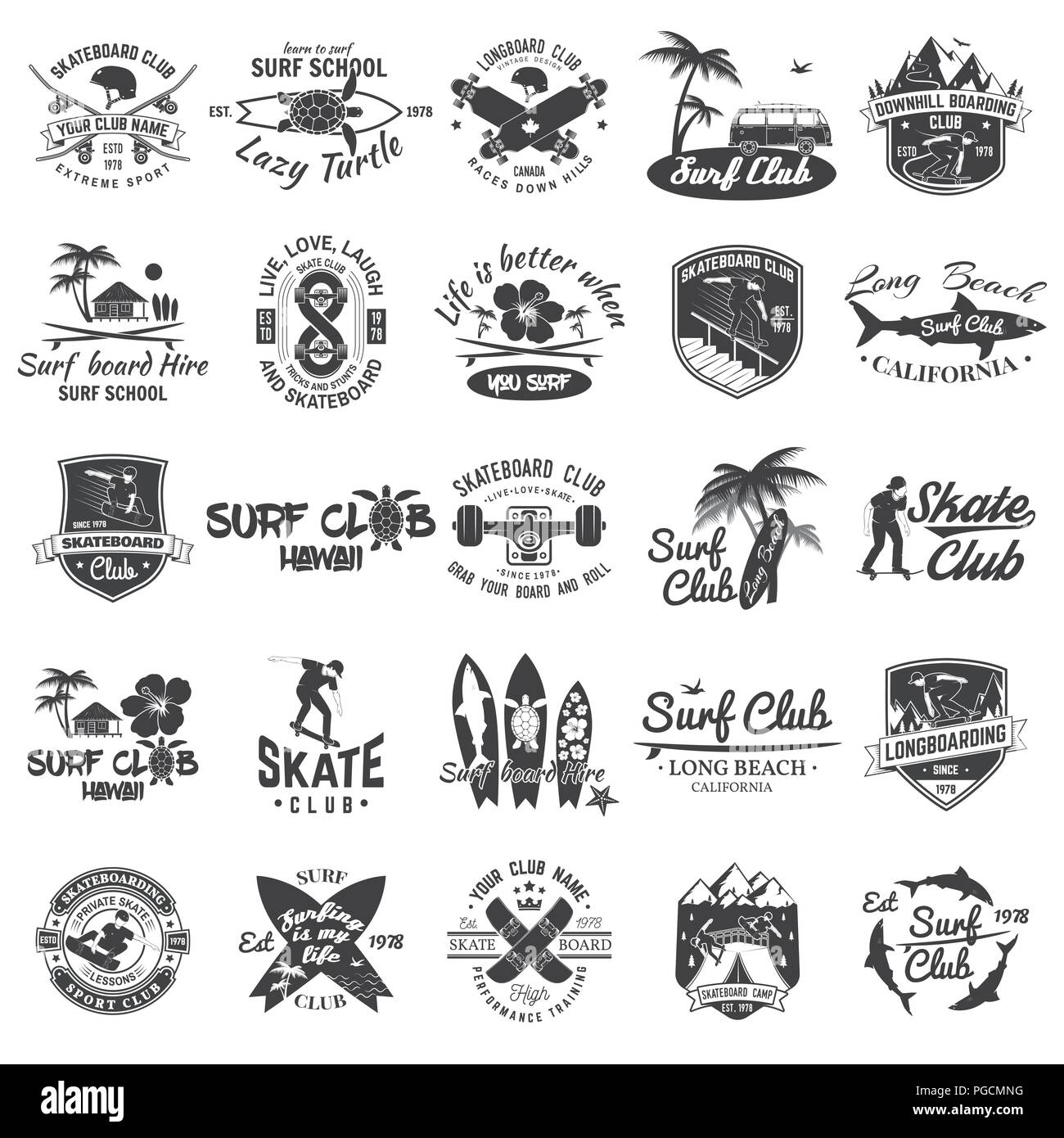 Set of skateboard, longboard and surf club badges. Vector illustration