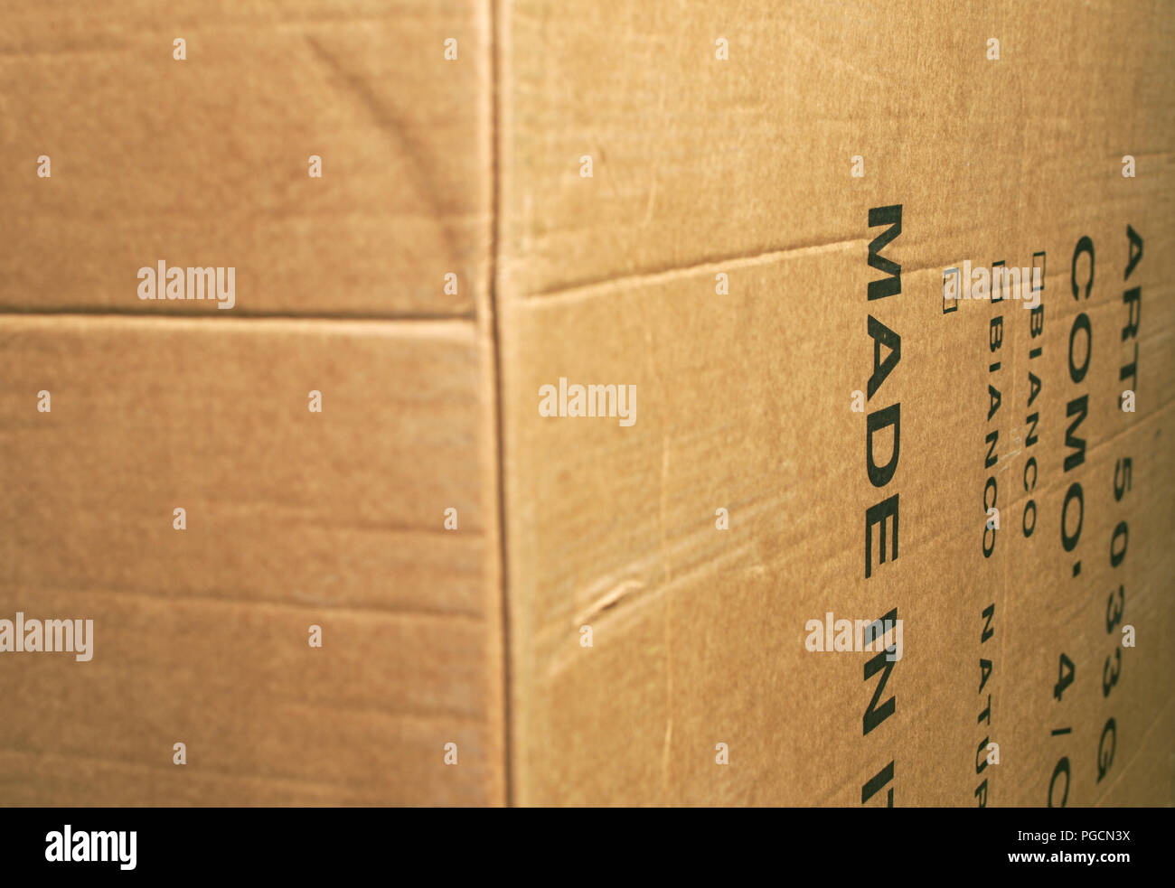 detail of delivery cardboard box with text Stock Photo