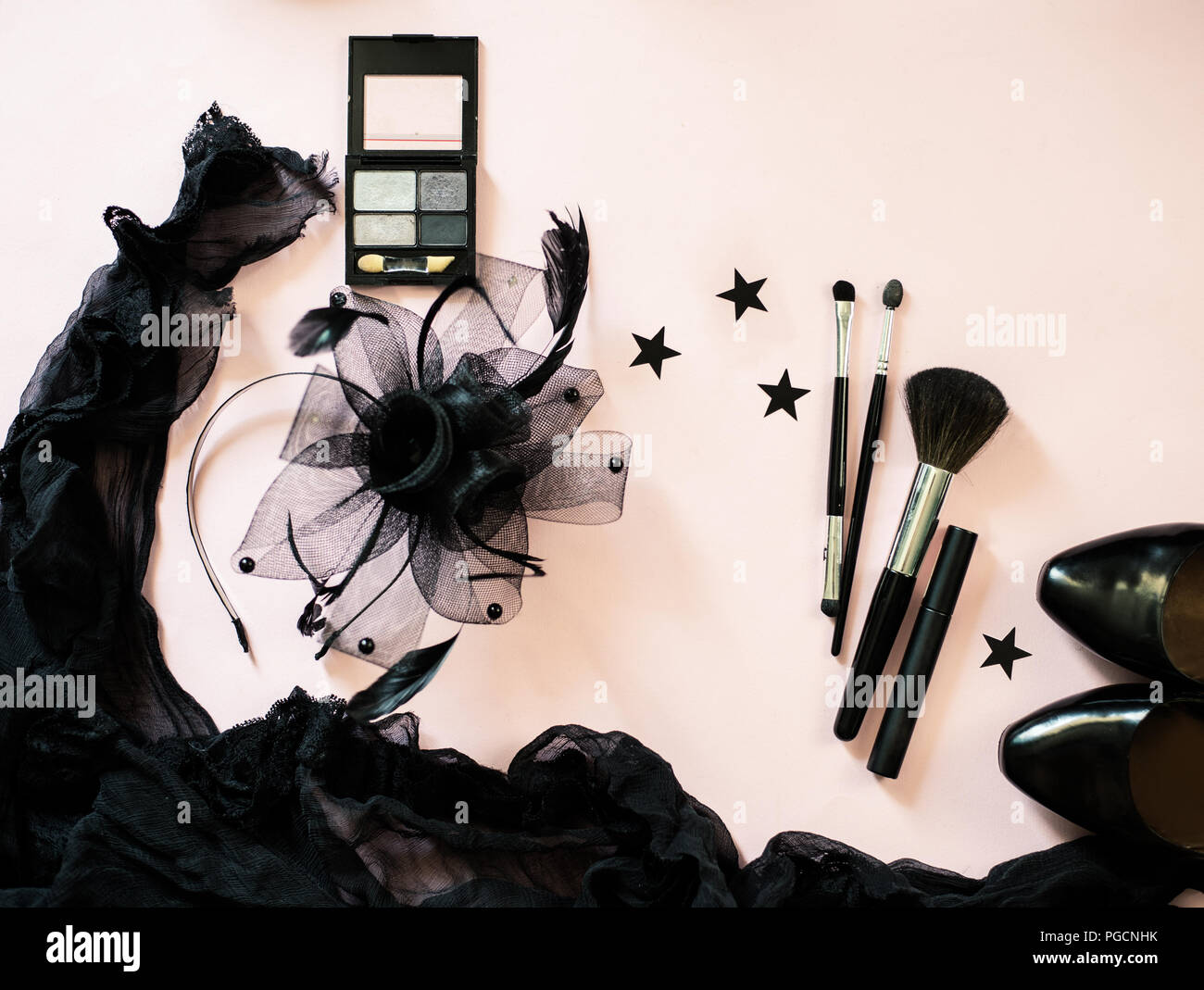 Halloween party female outfit accessories. Flat lay, top view, copy space Stock Photo