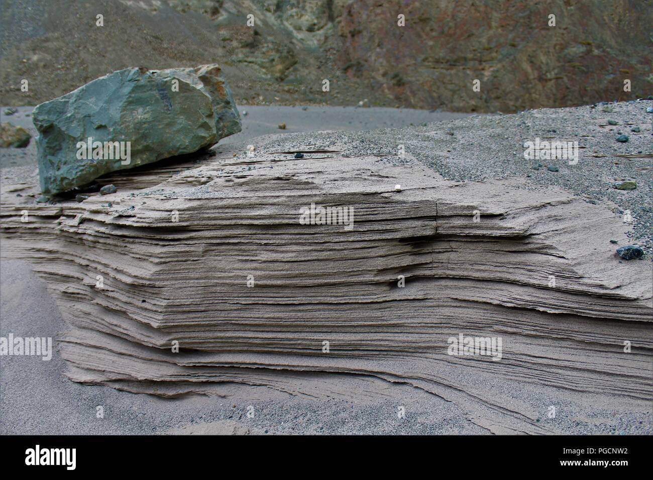 Beautiful Soil Layers formed due to Soil Deposition in River. Stock Photo