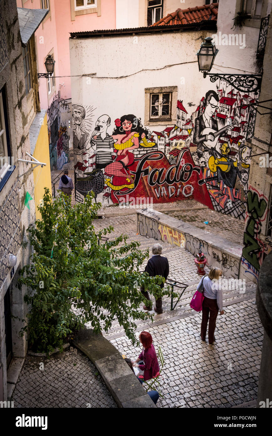 Mural of Nuno Saraiva at the Mouraria neighborhood. Lisbon, Portugal. Stock Photo