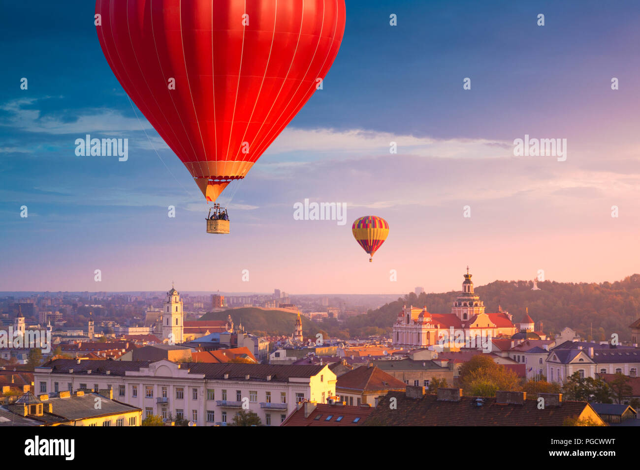 Hot air balloons flying over Vilnius Stock Photo Alamy