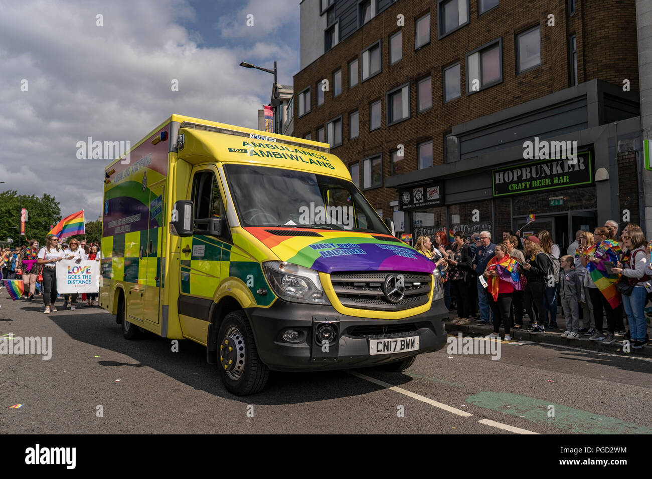 Cardiff, Wales, August 25, 2018: Ambulance car participates at the  Annual Pride Cymru Parade  in Cardiff, Wales on August 25, 2018 ©Daniel Damaschin Credit: Daniel Damaschin/Alamy Live News Stock Photo
