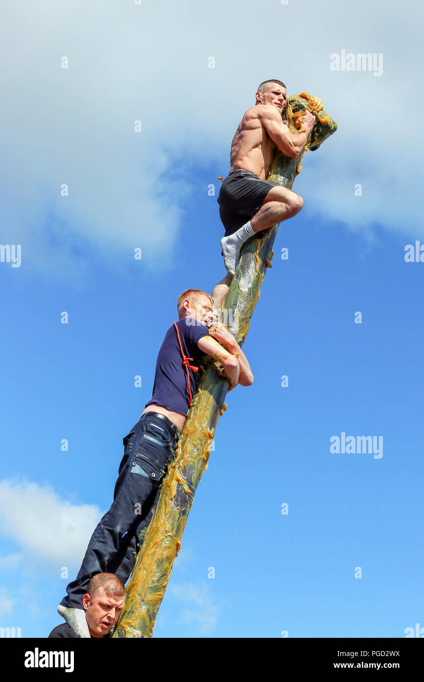 Irvine, UK. 25th Aug 2018. Climbing the greasy pole, a 10 metre