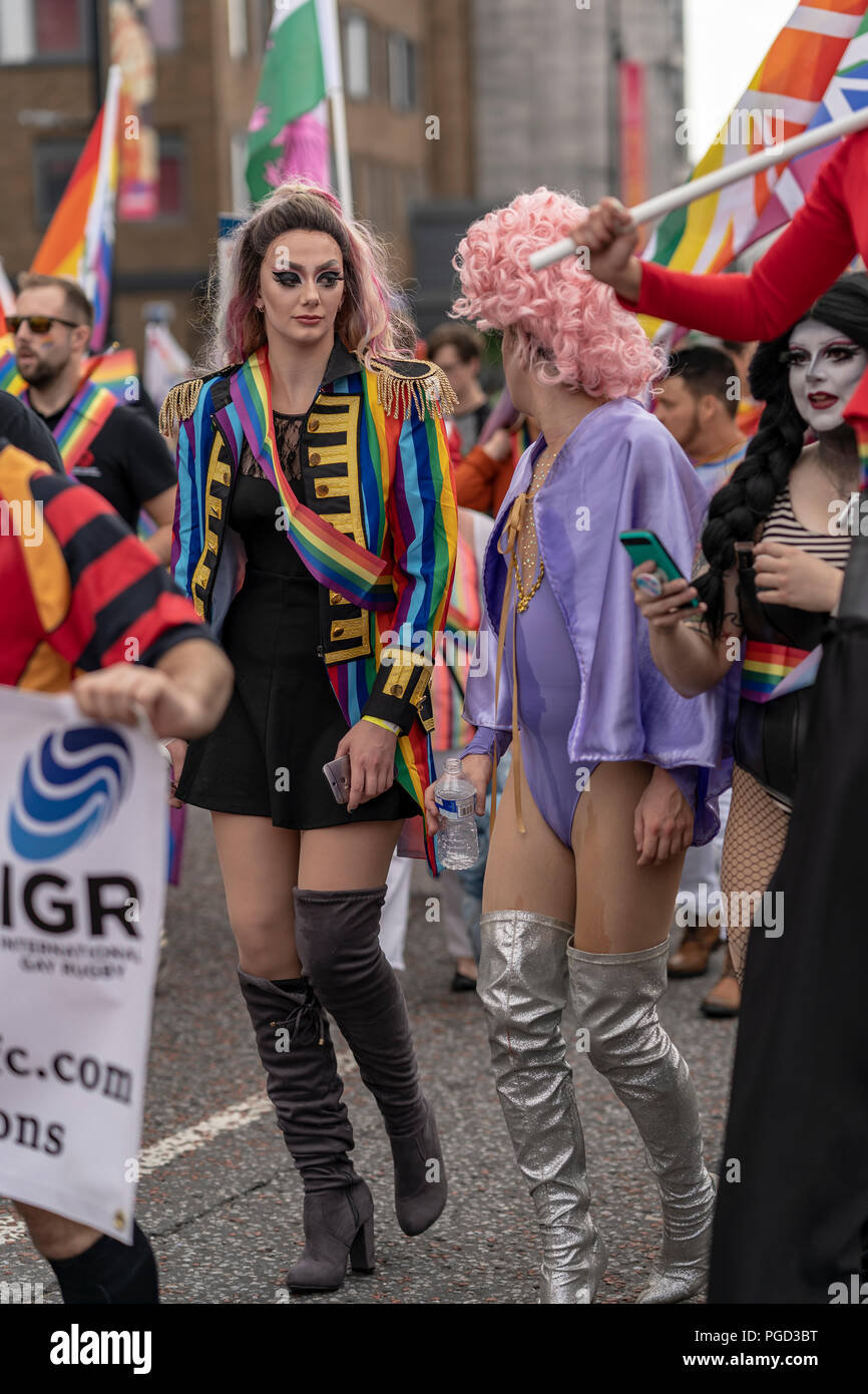 Cardiff, Wales, August 25, 2018 Drag queens participate at the Annual