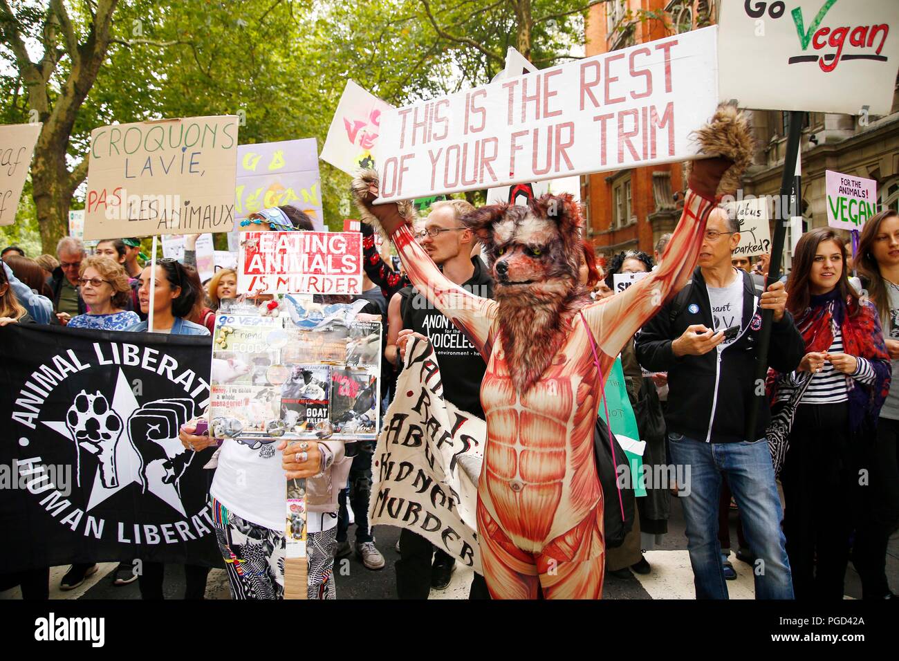 London, UK. 25th Aug 2018. Approximately ten thousand people marched from Millbank in central London to Hyde Park this afternoon, to protest against the cruelty to animals in the food chain and to promote veganism, the march was peaceful but noisy and vibrant. Credit: Natasha Quarmby/Alamy Live News Stock Photo