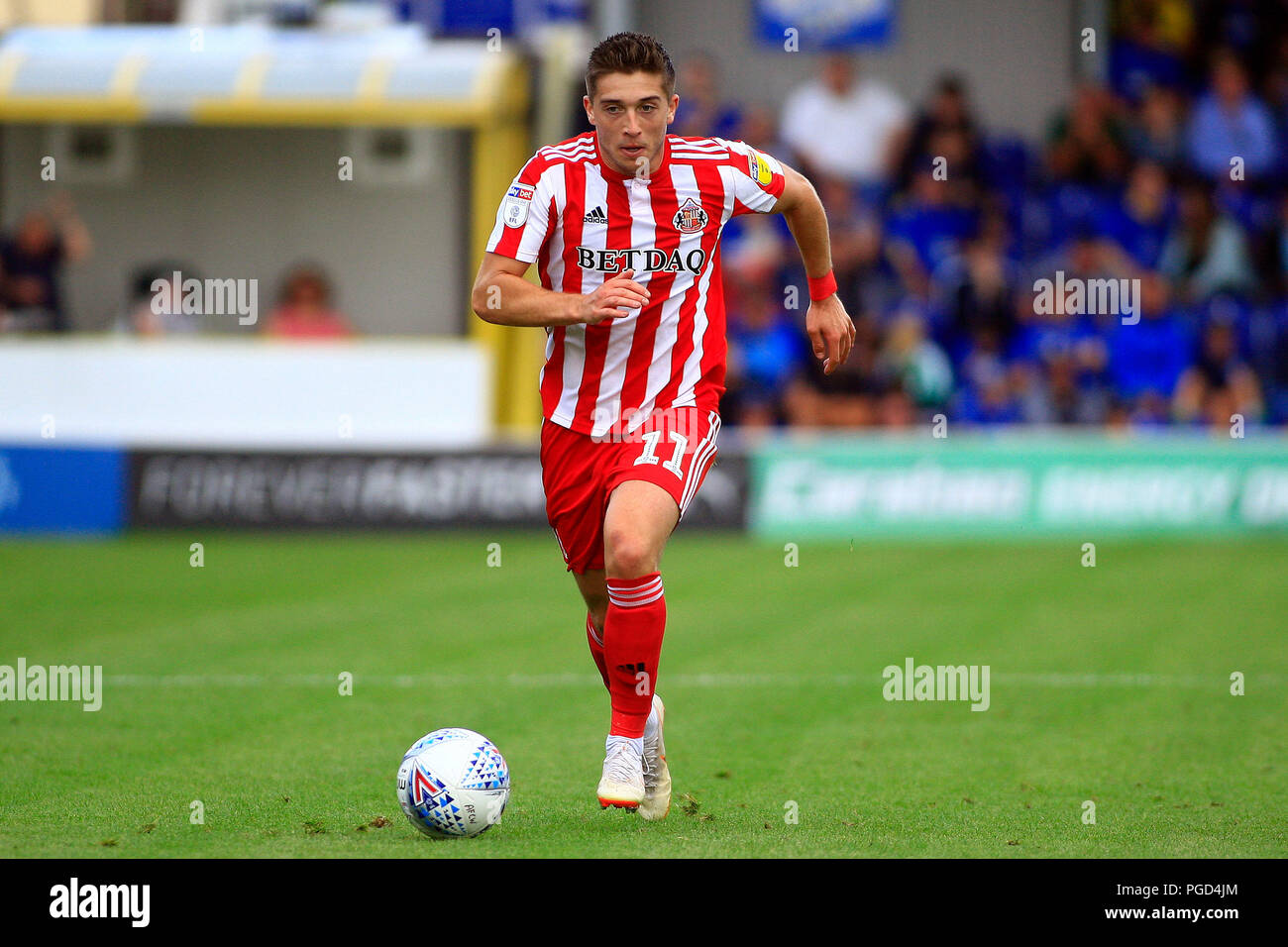 Surrey, UK. 25th Aug 2018. Lynden Gooch of Sunderland in action. EFL Skybet football league one match, AFC Wimbledon v Sunderland at the Cherry Red Records Stadium in Kingston upon Thames, Surrey on Saturday 25th August 2018. this image may only be used for Editorial purposes. Editorial use only, license required for commercial use. No use in betting, games or a single club/league/player publications. pic by Steffan Bowen/Andrew Orchard sports photography/Alamy Live news Stock Photo