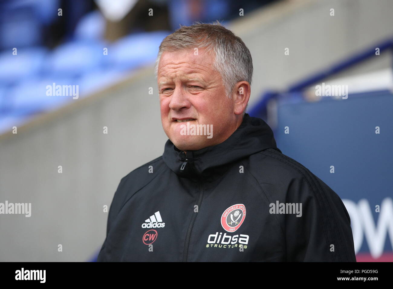 Bolton, Lancashire, UK. 25th August, 2018. Sheffield United Manager Chris Wilder in the dugout ahead of the EFL Championship game Bolton Wanderers v Sheffield United. Credit: Simon Newbury/Alamy Live News Stock Photo