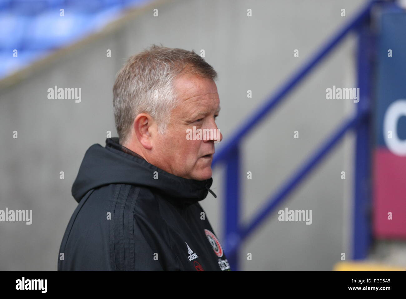 Bolton, Lancashire, UK. 25th August, 2018. Sheffield United Manager Chris Wilder in the dugout ahead of the EFL Championship game Bolton Wanderers v Sheffield United. Credit: Simon Newbury/Alamy Live News Stock Photo